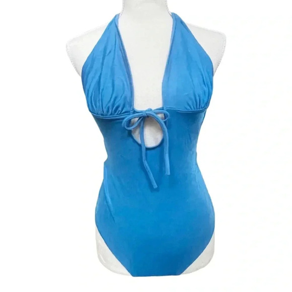 Vintage 1970s Blue Halter One-Piece Swimsuit Size 9/10 Retro Backless Swim Suit - Picture 2 of 8